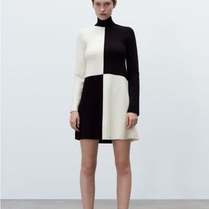 Zara black and white colorblock knit turtleneck dress